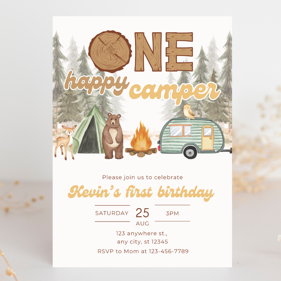 ONE Happy Camper Invitation Forest Birthday