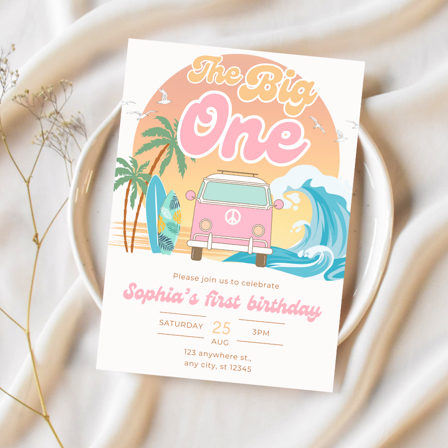 The Big One Birthday Invitation Pink Surfing 