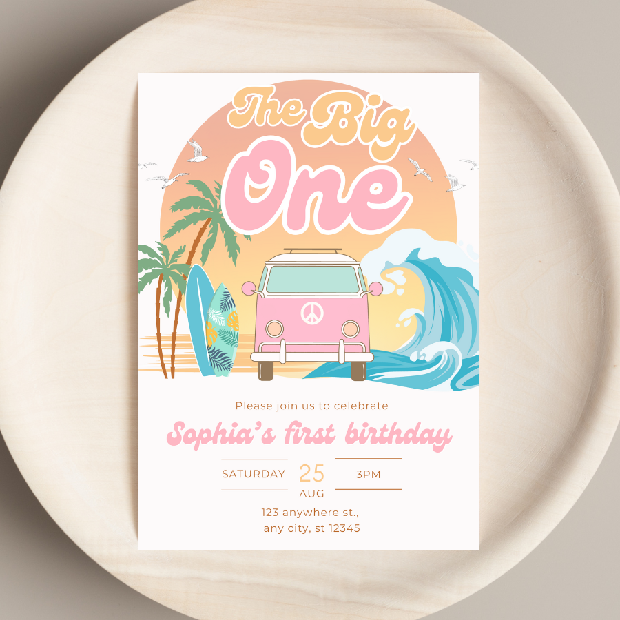 The Big One Birthday Invitation Pink Surfing 