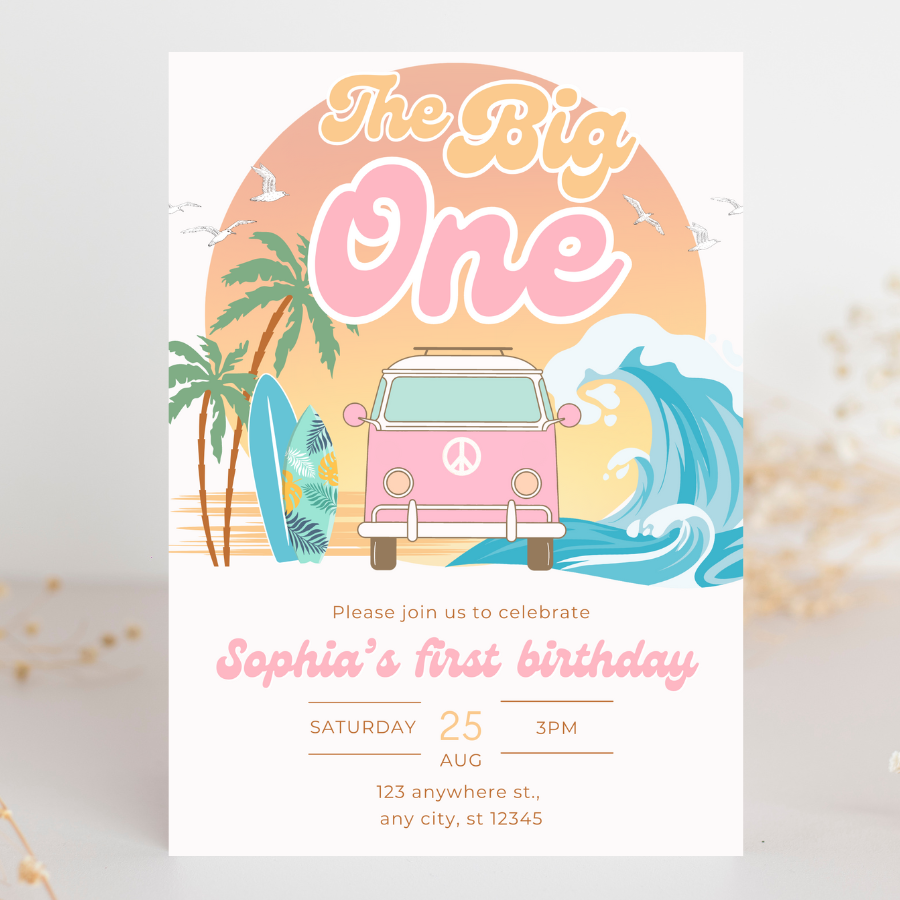 The Big One Birthday Invitation Pink Surfing 