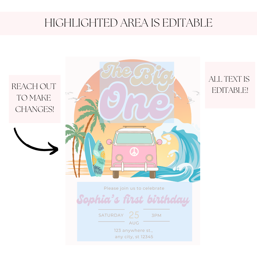 The Big One Birthday Invitation Pink Surfing 