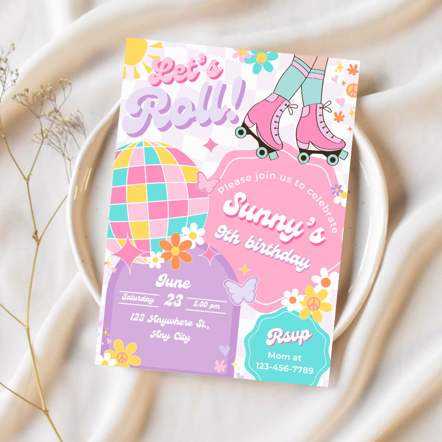 Let's Roll Groovy Birthday Invitation Roller Skate
