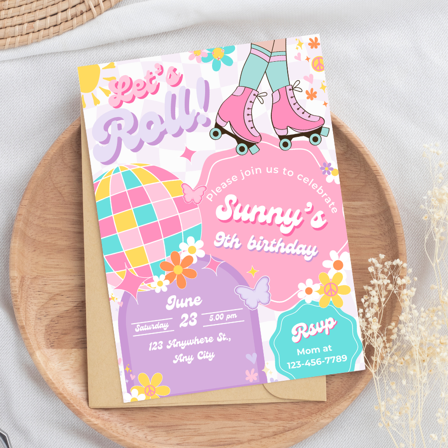 Let's Roll Groovy Birthday Invitation Roller Skate