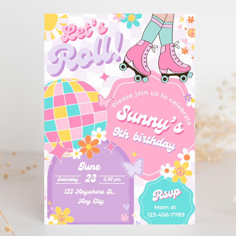 Let's Roll Groovy Birthday Invitation Roller Skate