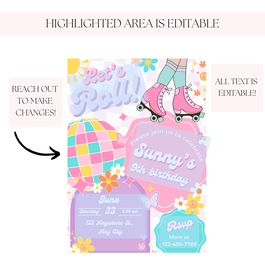 Let's Roll Groovy Birthday Invitation Roller Skate