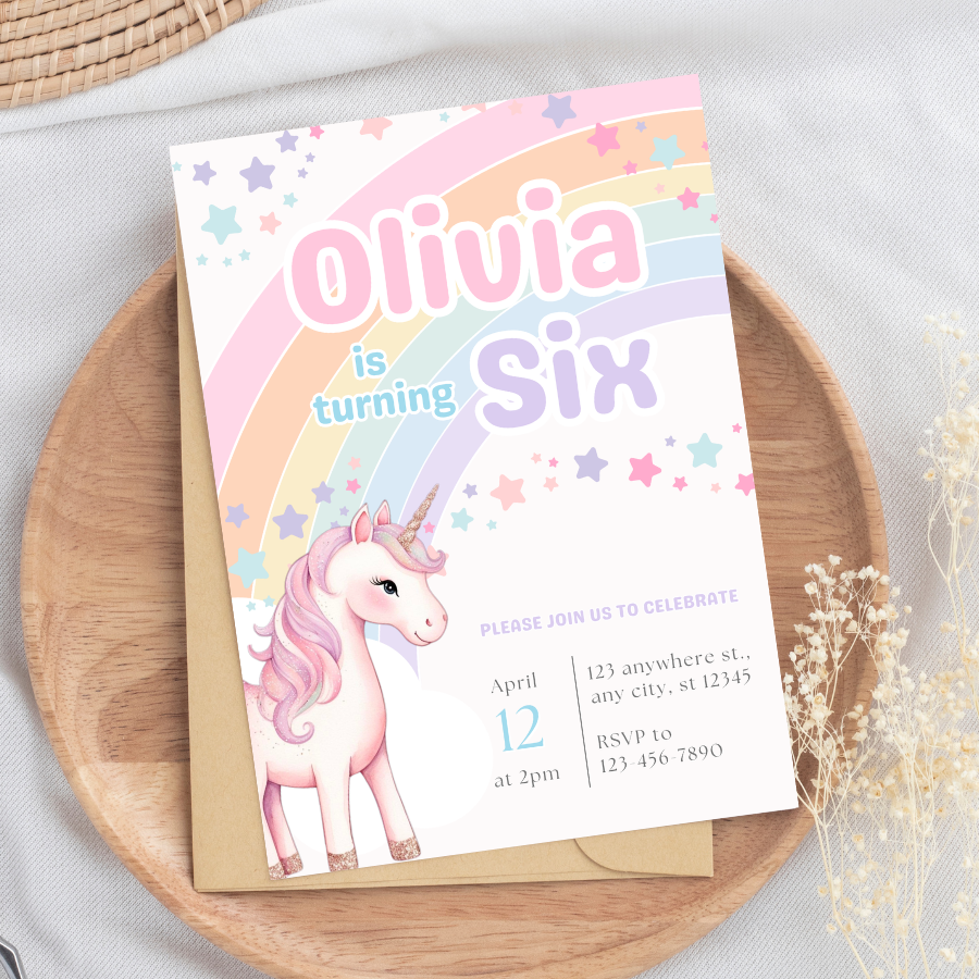 Rainbow Unicorn Birthday Invitation 