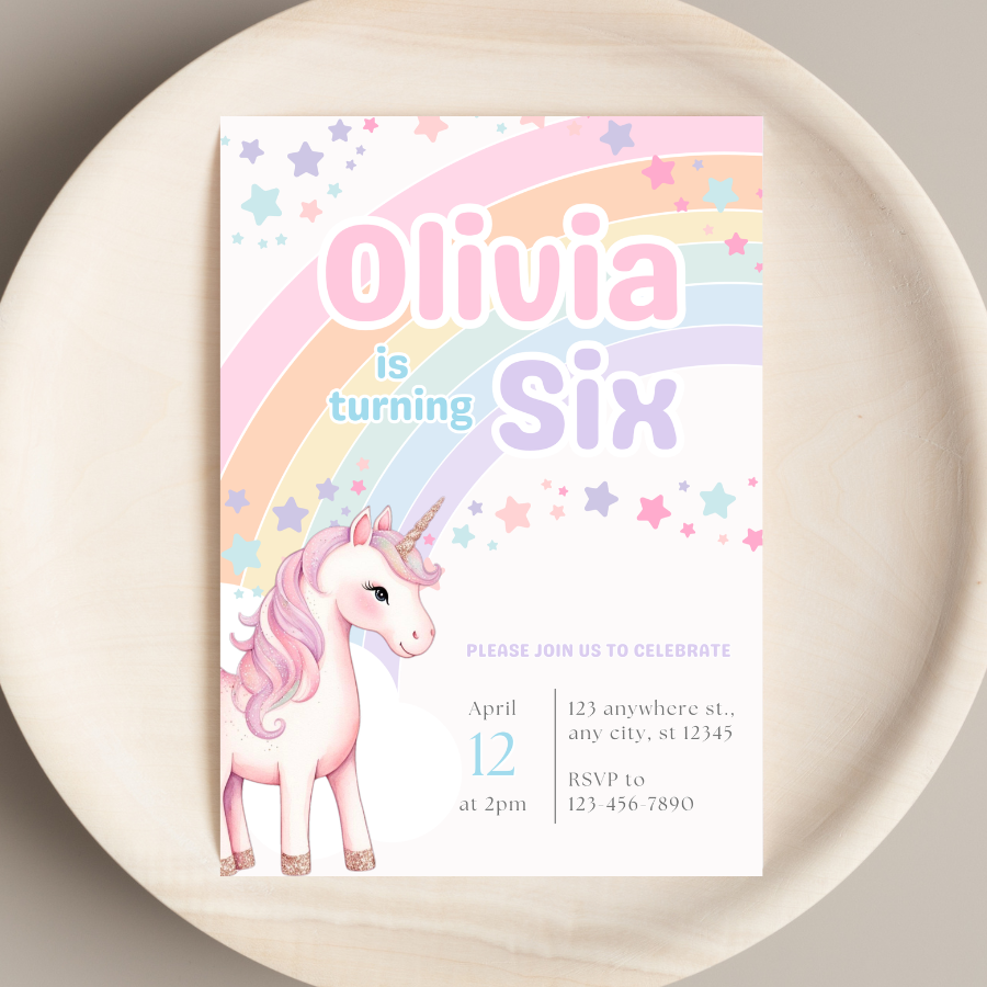 Rainbow Unicorn Birthday Invitation 
