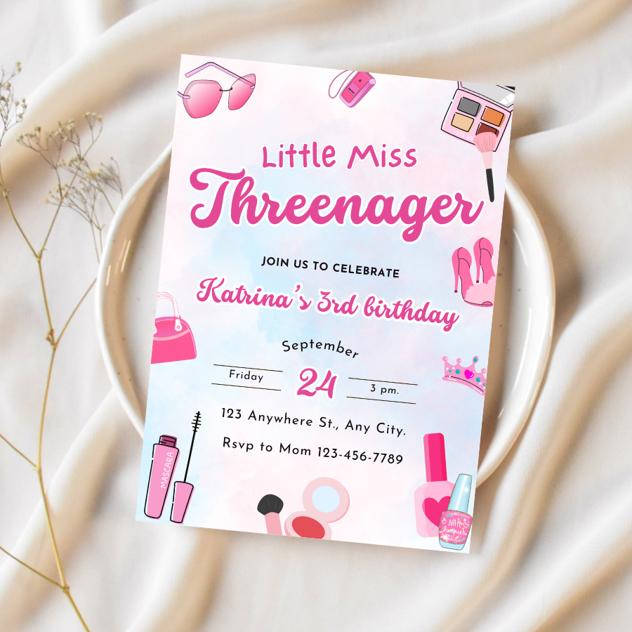Threenager Birthday Invitation Makeup Fashion 