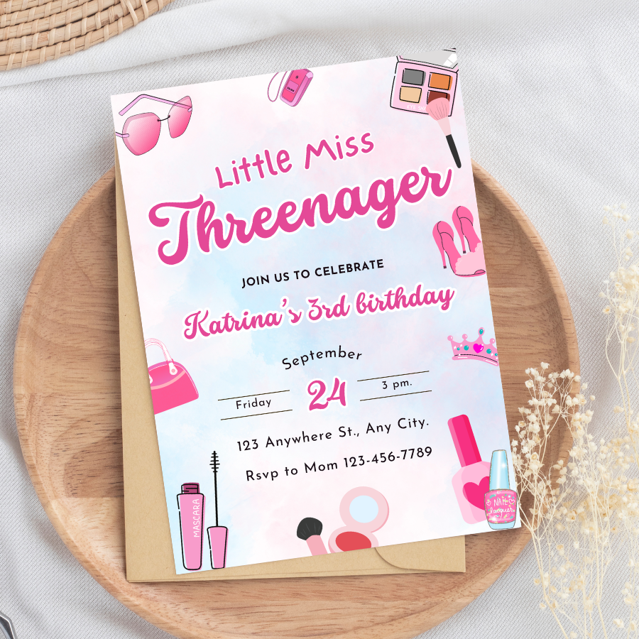 Threenager Birthday Invitation Makeup Fashion 