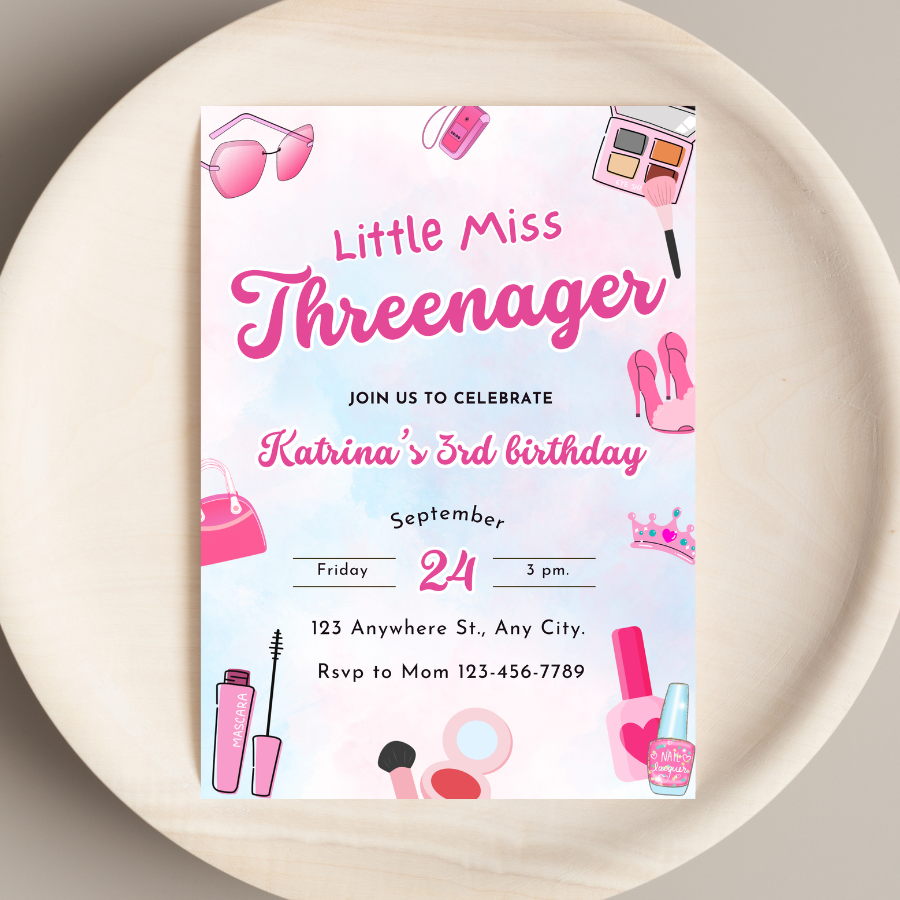 Threenager Birthday Invitation Makeup Fashion 