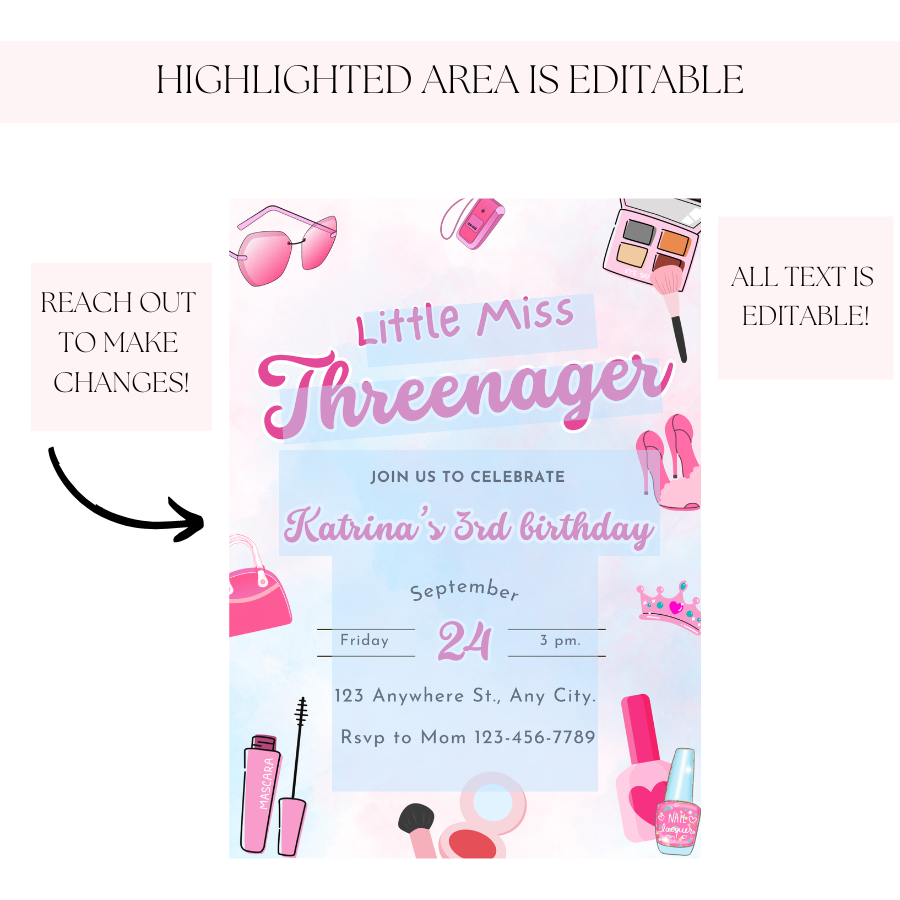 Threenager Birthday Invitation Makeup Fashion 
