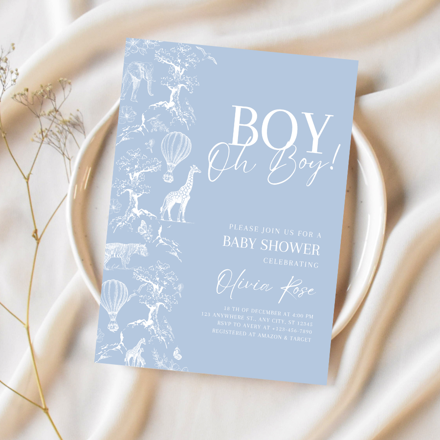 Toile de Jouy Baby Shower Invitation Dusty Blue Safari Theme