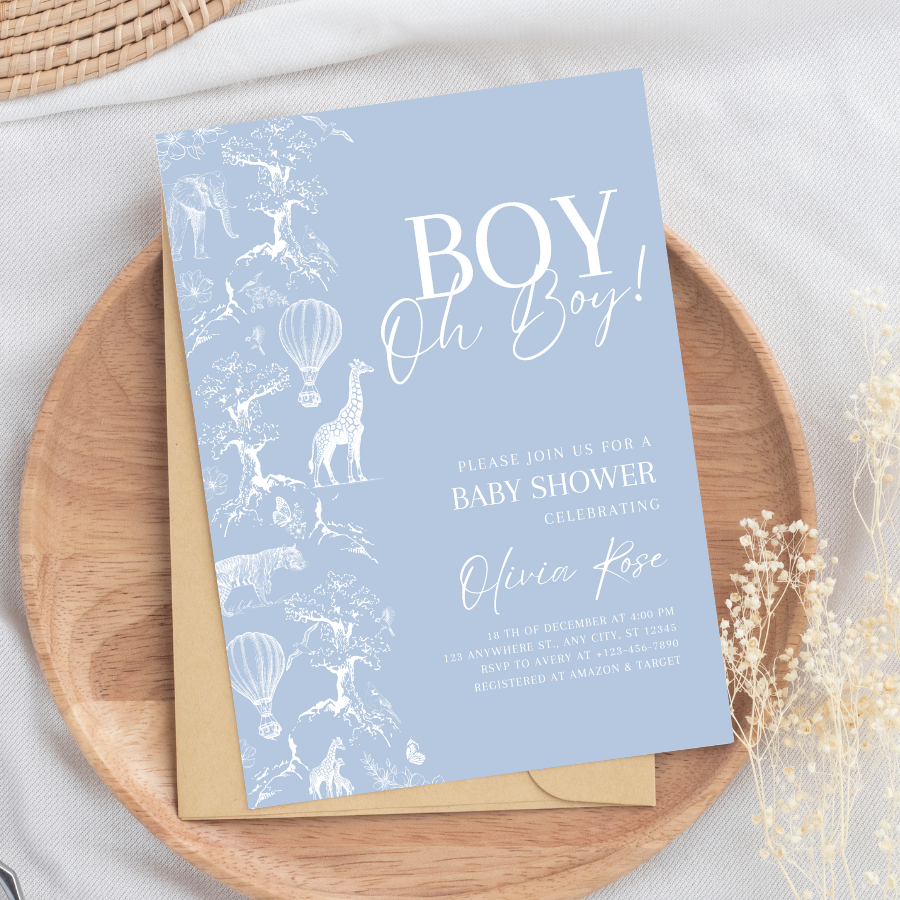 Toile de Jouy Baby Shower Invitation Dusty Blue Safari Theme
