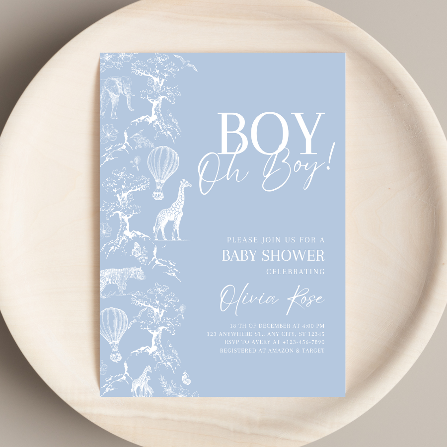 Toile de Jouy Baby Shower Invitation Dusty Blue Safari Theme