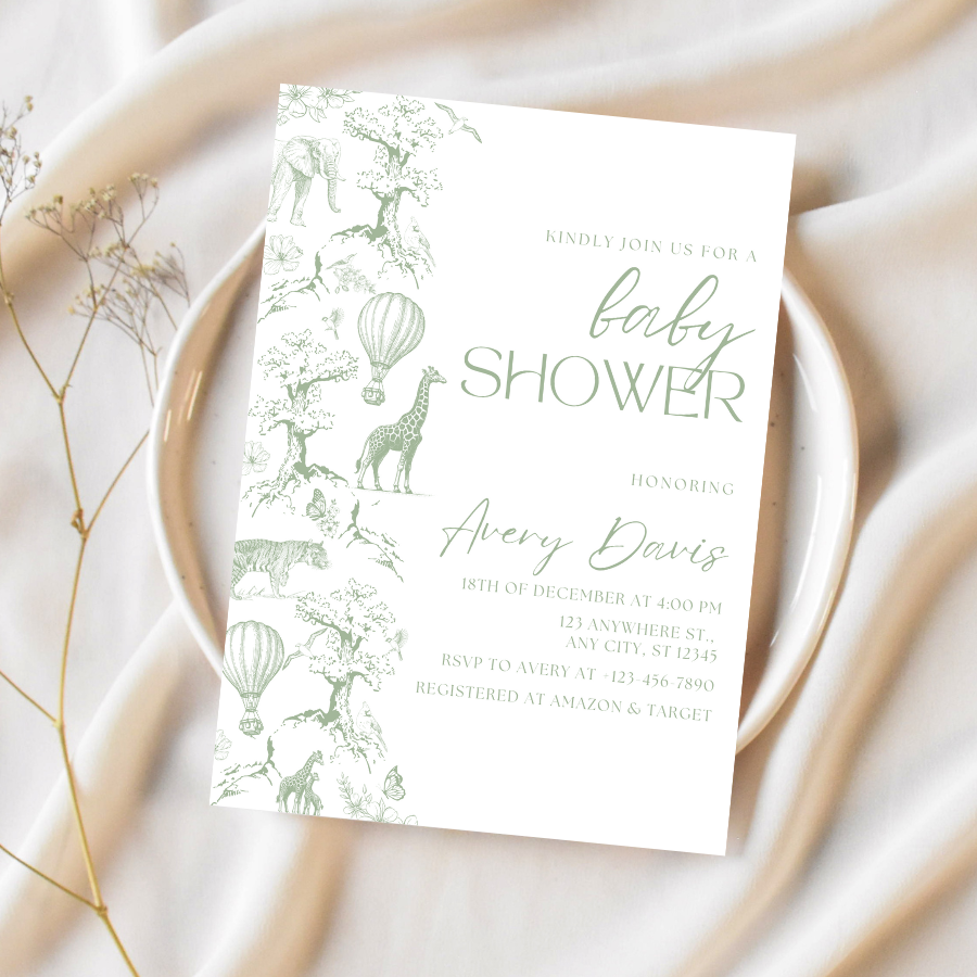 Toile de Jouy Baby Shower Invitation Sage Green Safari Theme