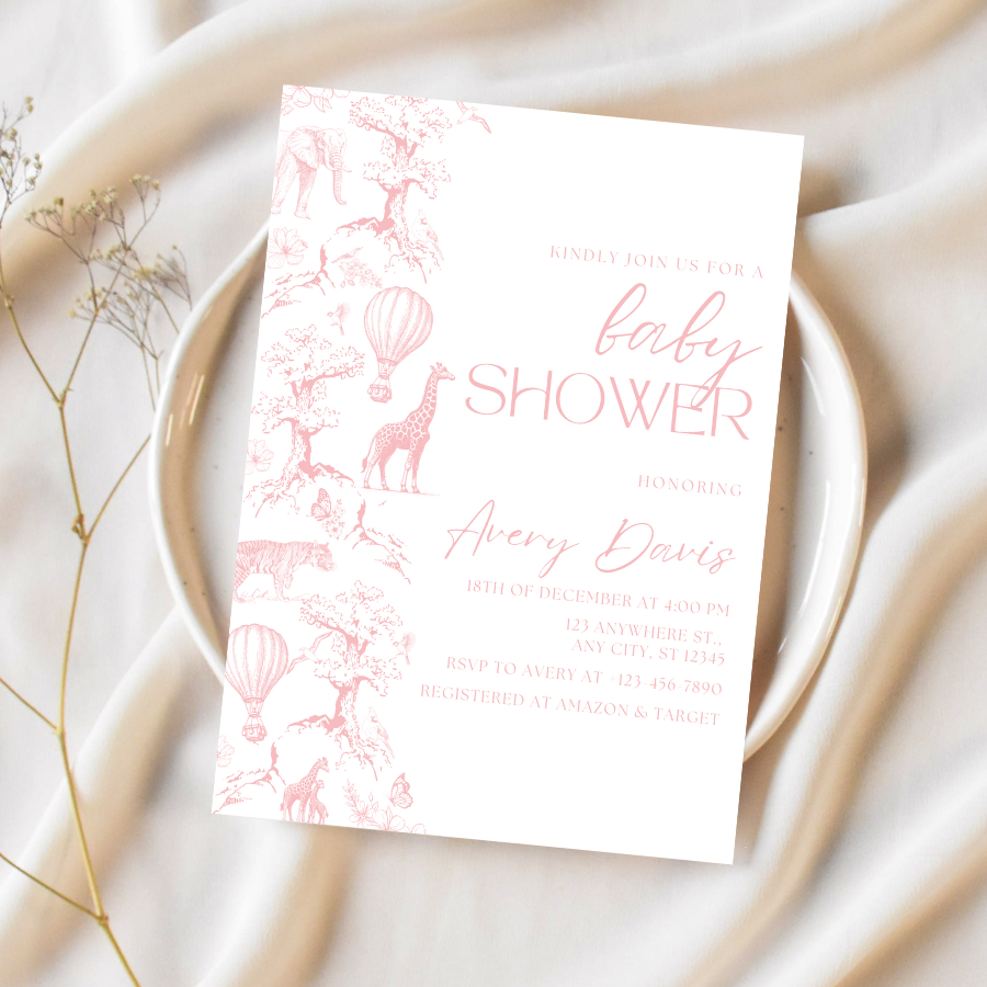 Toile de Jouy Baby Shower Invitation Dusty Pink Safari Theme