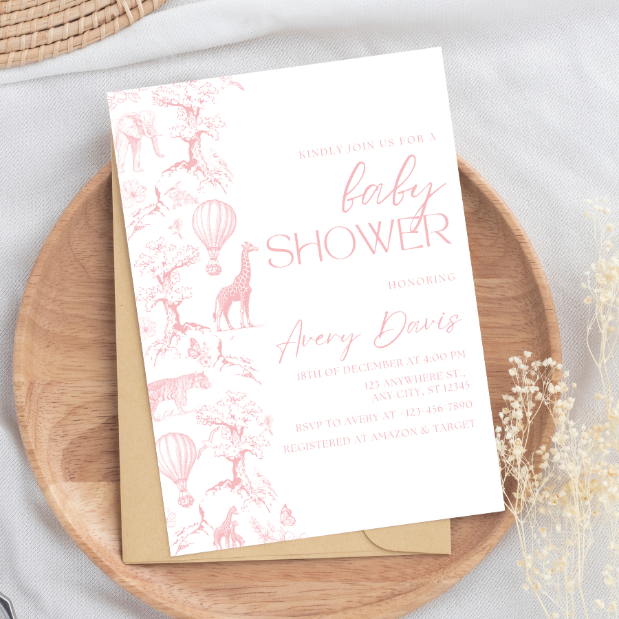 Toile de Jouy Baby Shower Invitation Dusty Pink Safari Theme