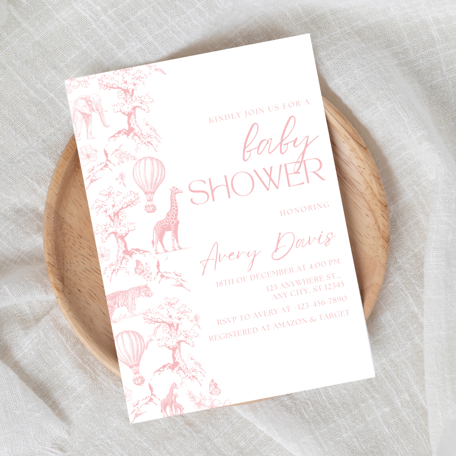 Toile de Jouy Baby Shower Invitation Dusty Pink Safari Theme