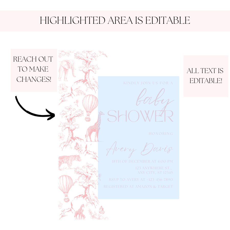 Toile de Jouy Baby Shower Invitation Dusty Pink Safari Theme