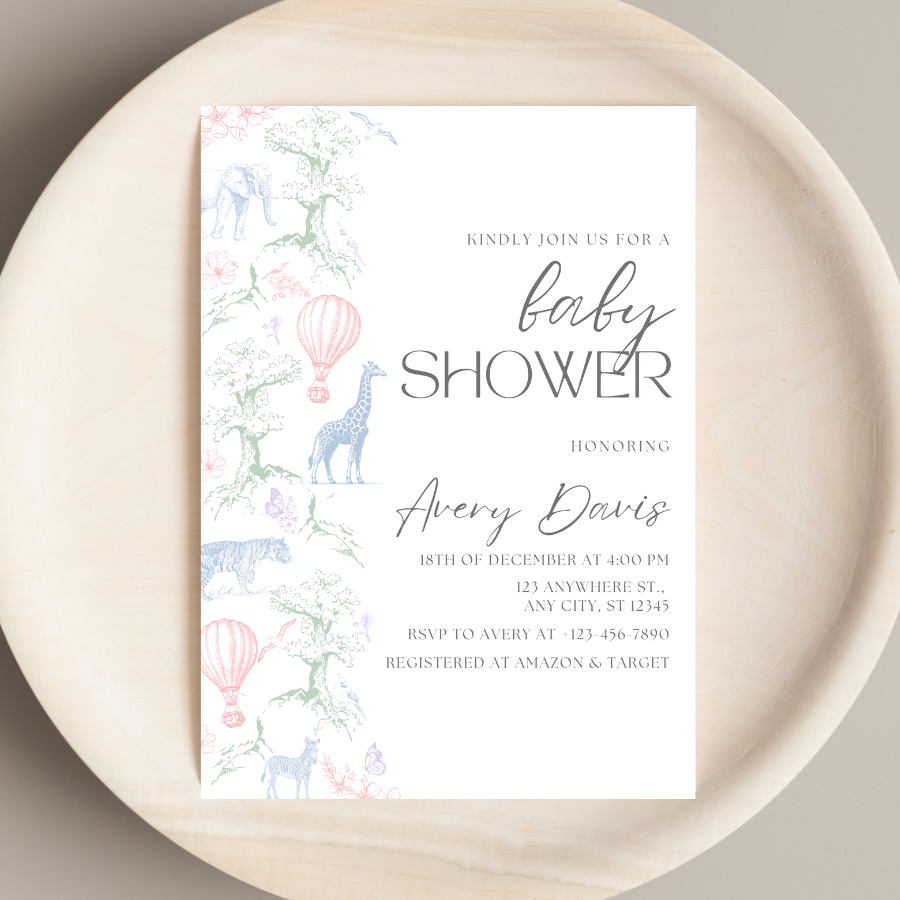 Toile de Jouy Baby Shower Invitation Safari Theme