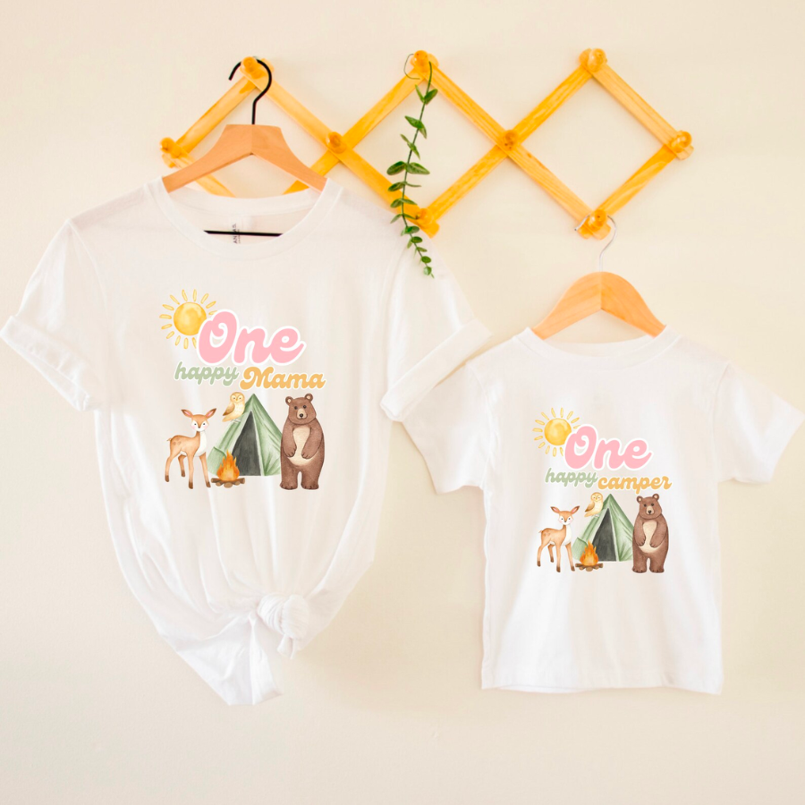 Pink ONE Happy Camper Birthday Shirt Matching Family Shirts