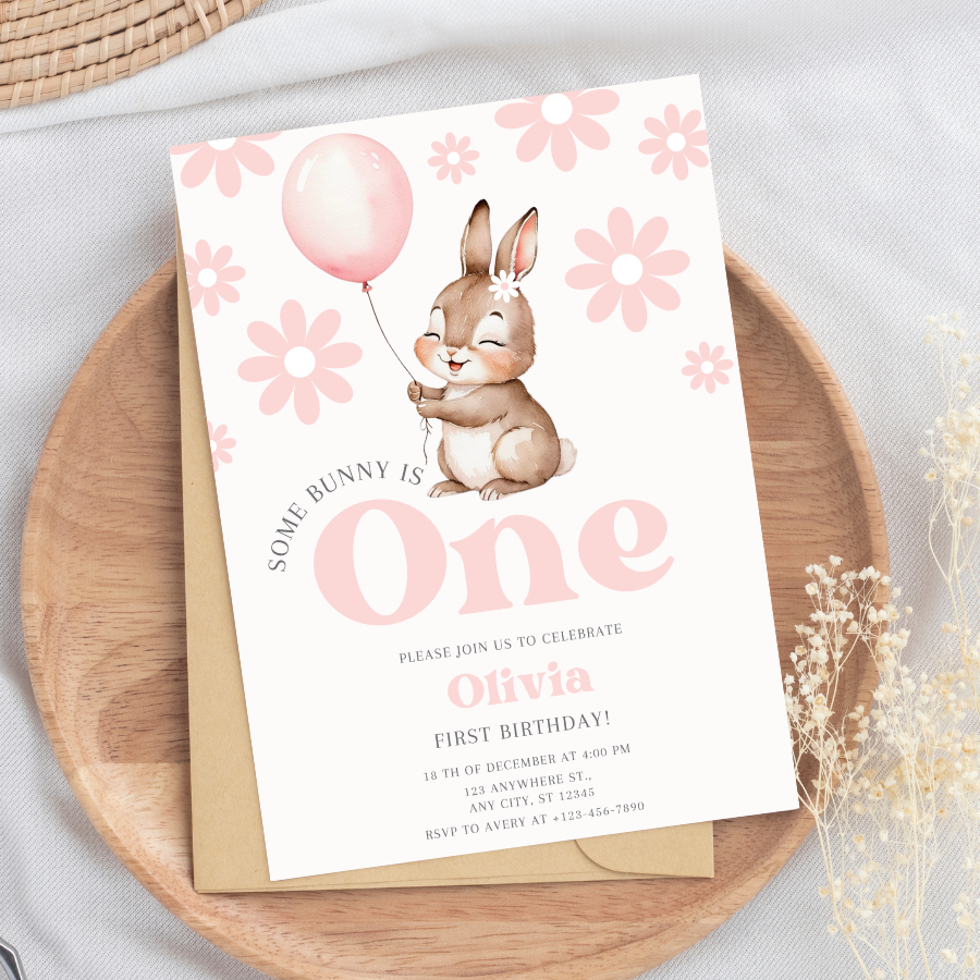 Floral Some Bunny Is Turning One Invitation – Cute Easter Bunny Birthday Invite