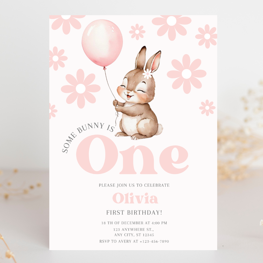 Floral Some Bunny Is Turning One Invitation – Cute Easter Bunny Birthday Invite