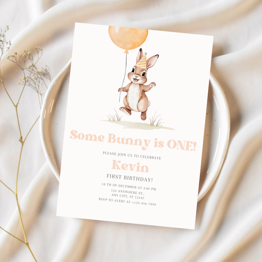 Minimalist Some Bunny Is Turning One Party Invite – Cute Spring Bunny Theme