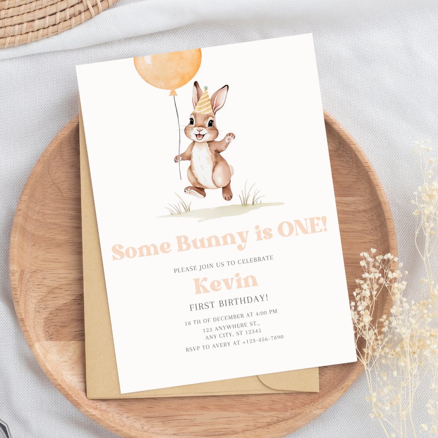 Minimalist Some Bunny Is Turning One Party Invite – Cute Spring Bunny Theme