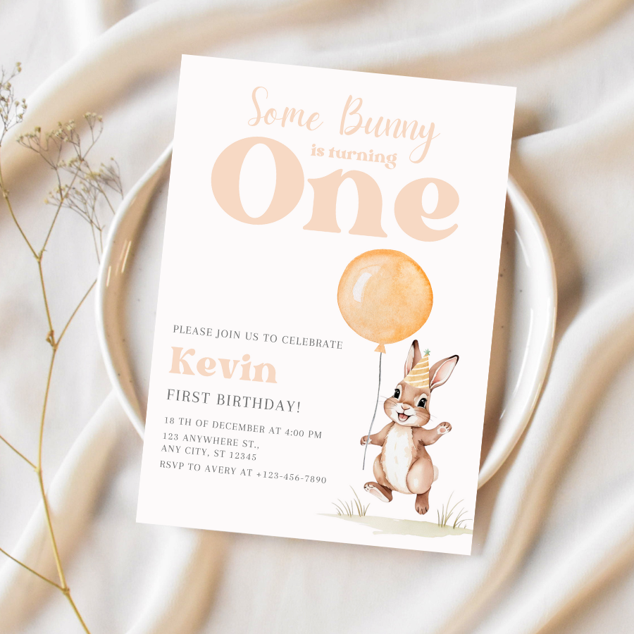 Watercolor Bunny Birthday Invite – Some Bunny Is Turning One – Editable Spring Party Design