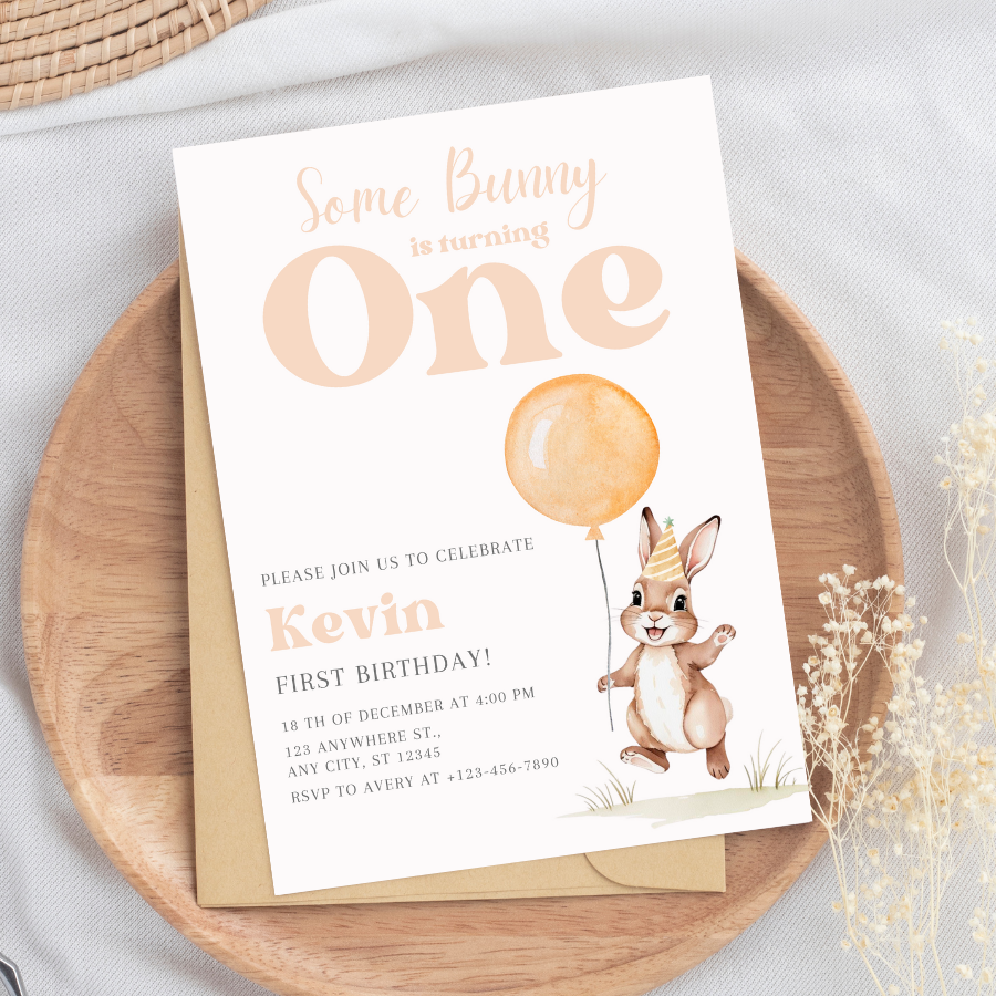 Watercolor Bunny Birthday Invite – Some Bunny Is Turning One – Editable Spring Party Design