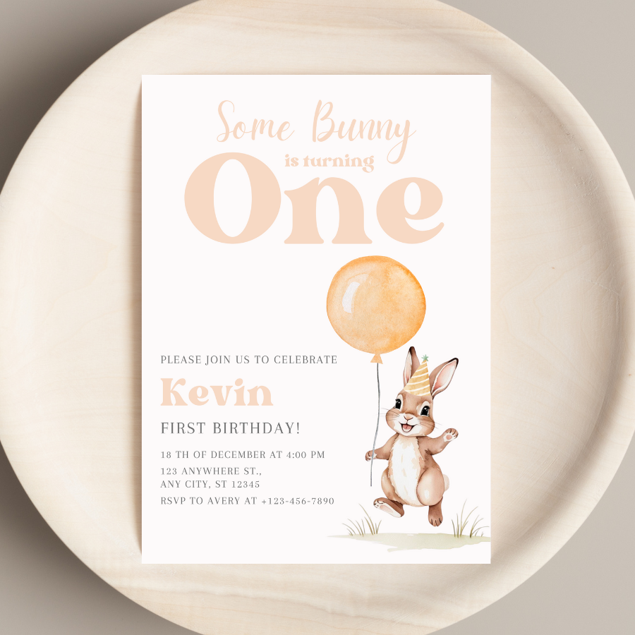 Watercolor Bunny Birthday Invite – Some Bunny Is Turning One – Editable Spring Party Design