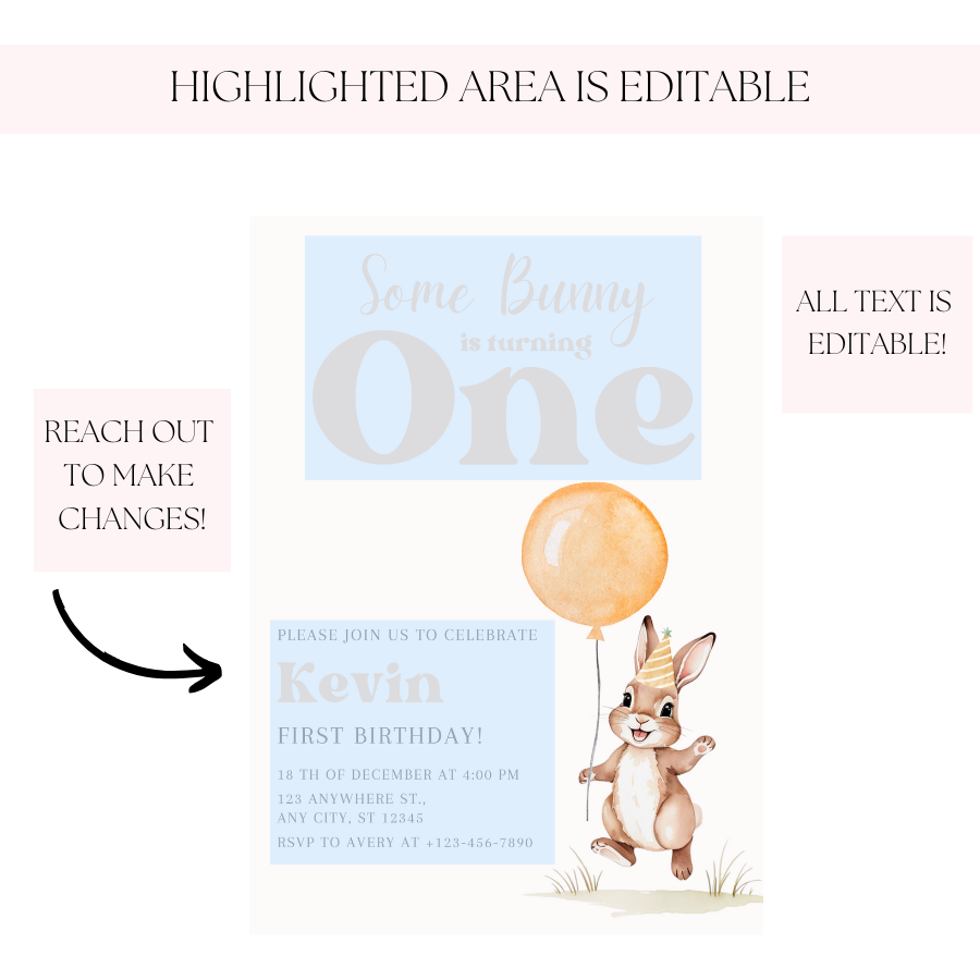 Watercolor Bunny Birthday Invite – Some Bunny Is Turning One – Editable Spring Party Design