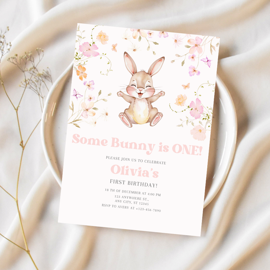 Floral Some Bunny Is Turning One Invitation – Spring Bunny Birthday Party Template