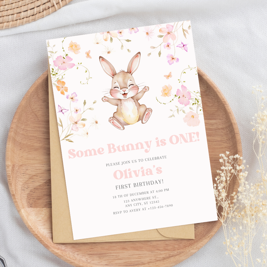 Floral Some Bunny Is Turning One Invitation – Spring Bunny Birthday Party Template