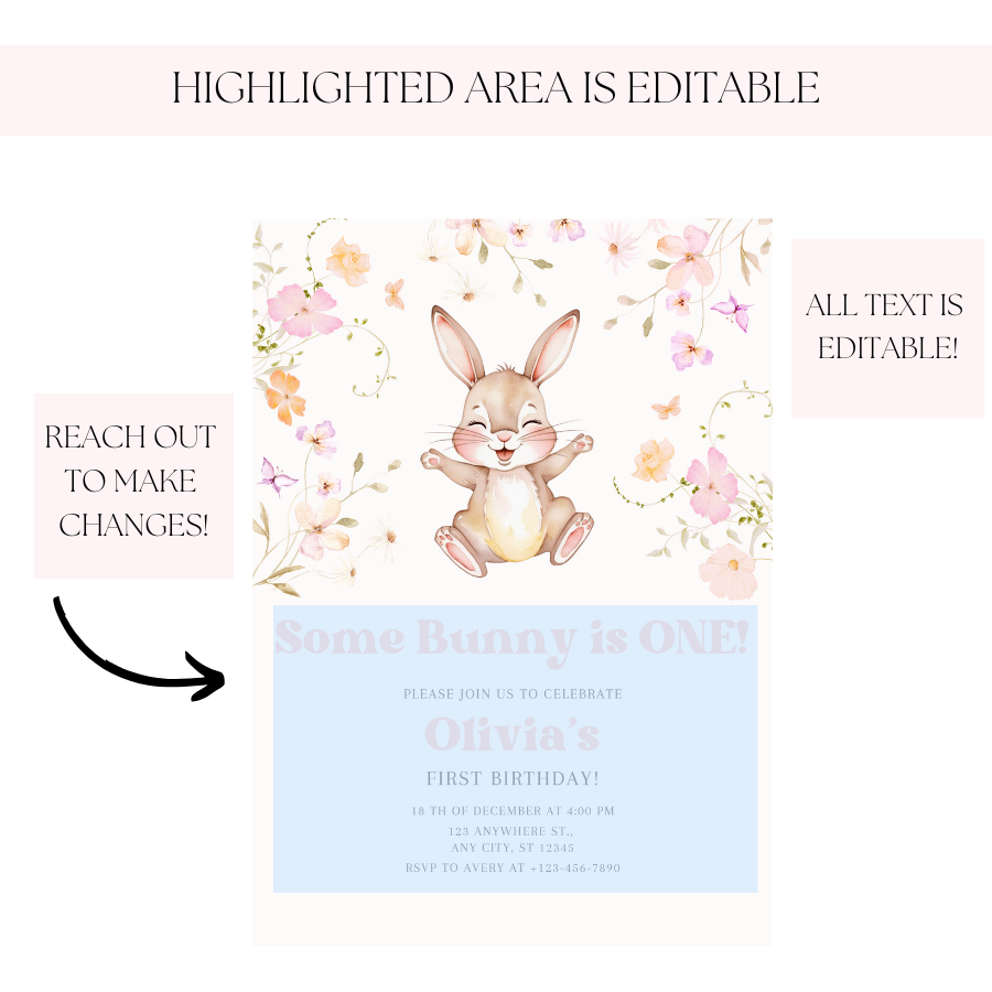 Floral Some Bunny Is Turning One Invitation – Spring Bunny Birthday Party Template