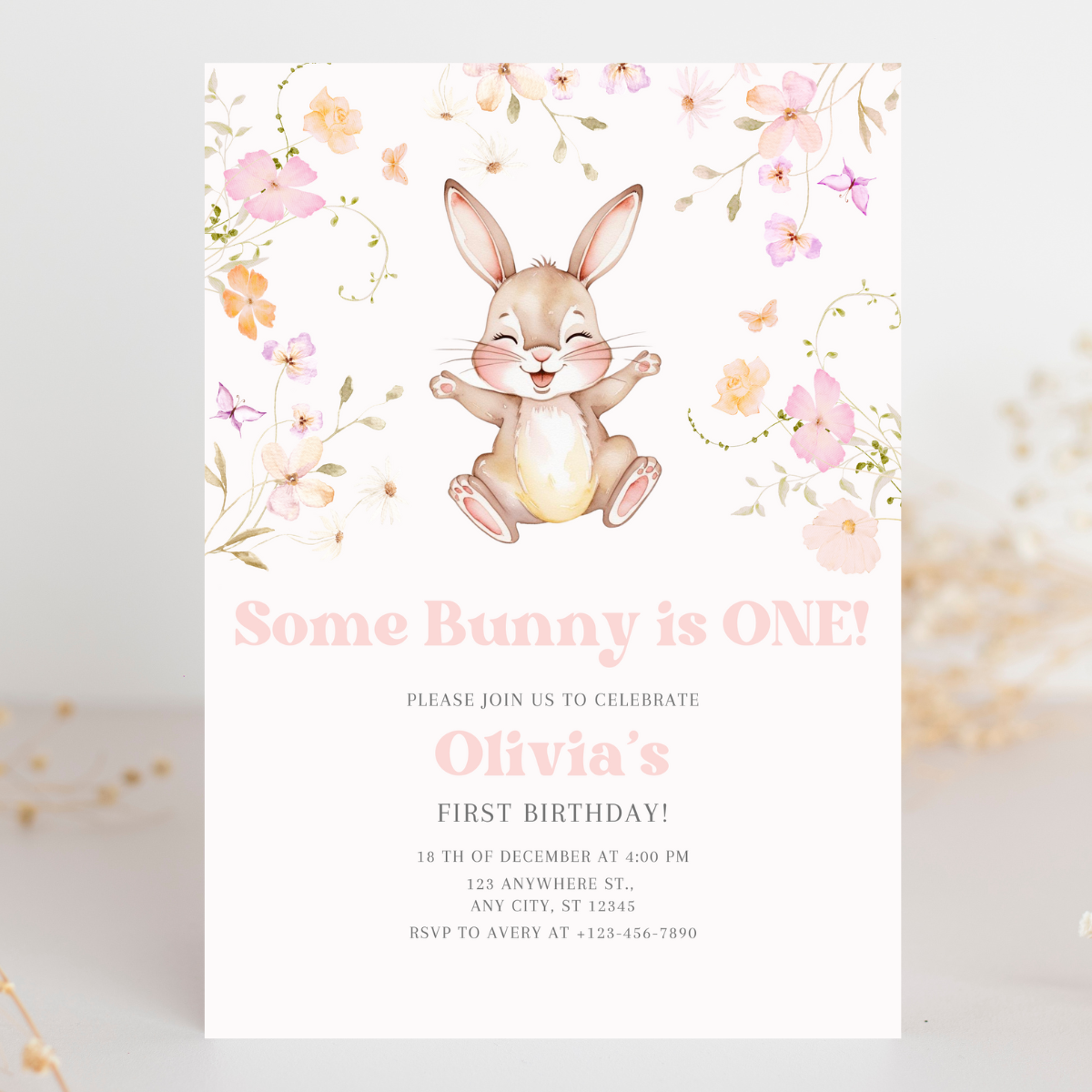 Floral Some Bunny Is Turning One Invitation – Spring Bunny Birthday Party Template