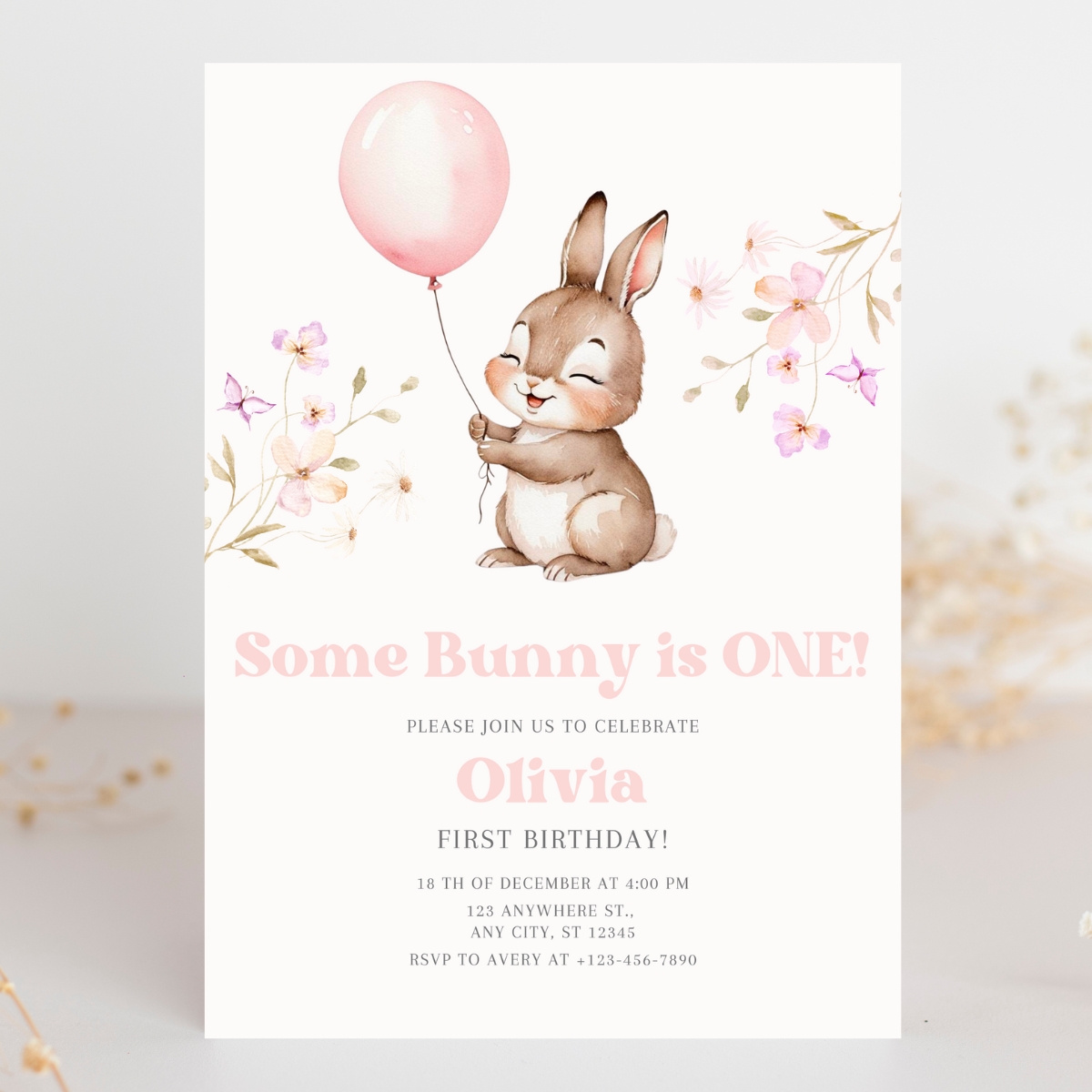 Floral Some Bunny Birthday Invitation – Editable Easter Bunny Party Invite 