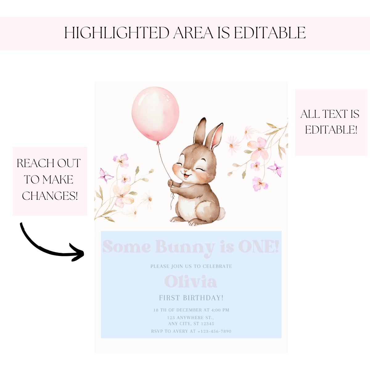Floral Some Bunny Birthday Invitation – Editable Easter Bunny Party Invite 