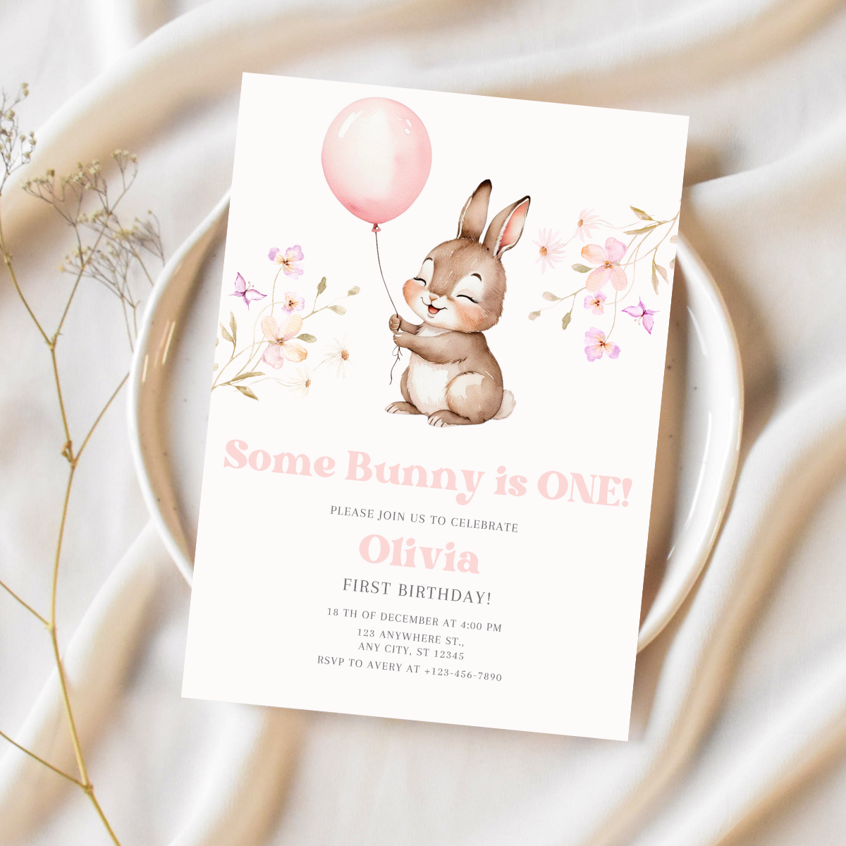 Floral Some Bunny Birthday Invitation – Editable Easter Bunny Party Invite 