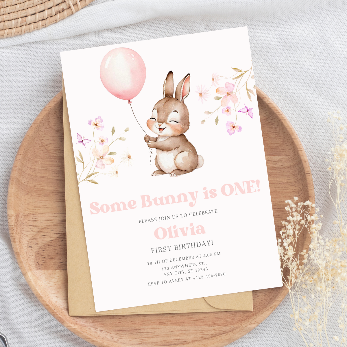 Floral Some Bunny Birthday Invitation – Editable Easter Bunny Party Invite