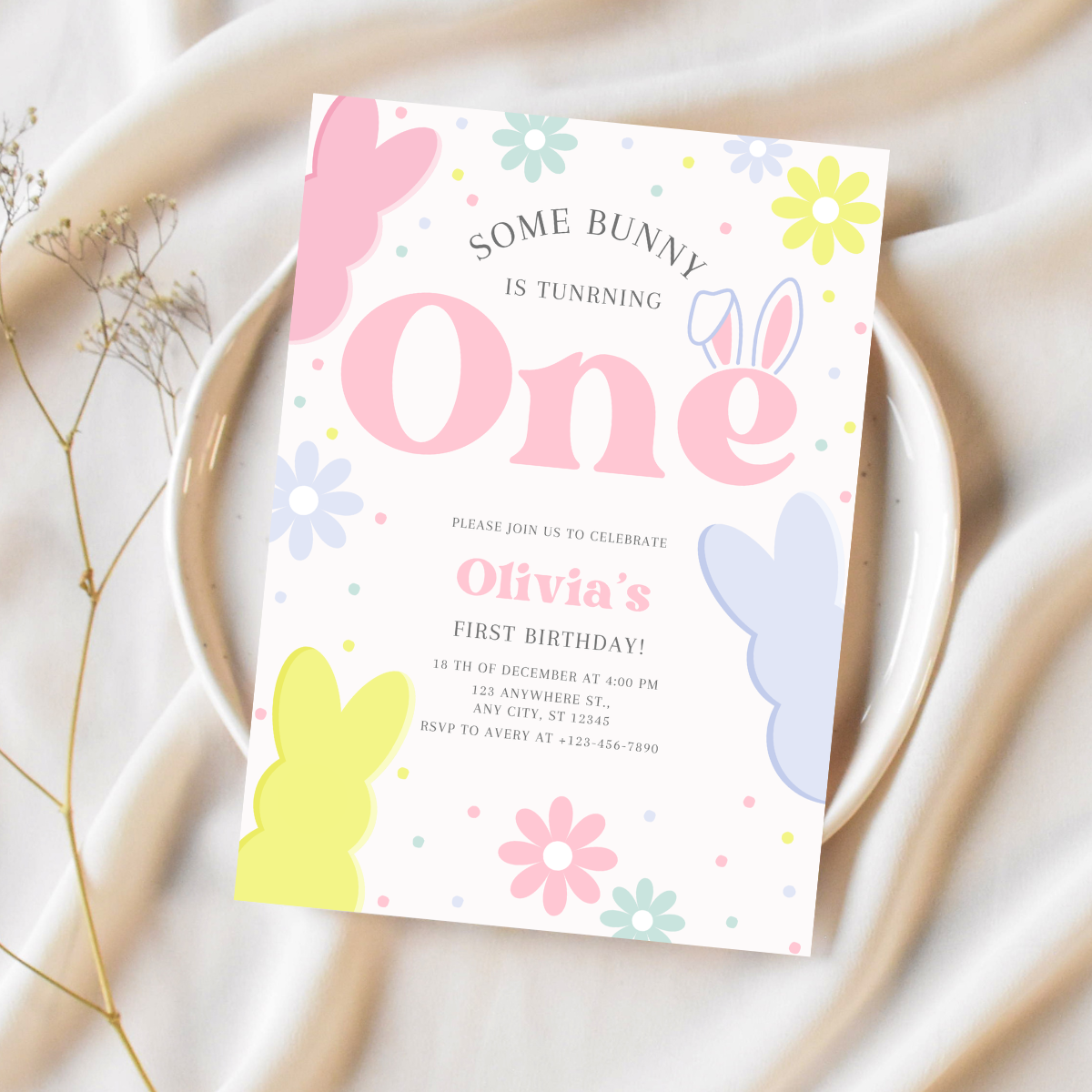 Editable Some Bunny 1st Birthday Party Invite | Cute Spring Theme Template