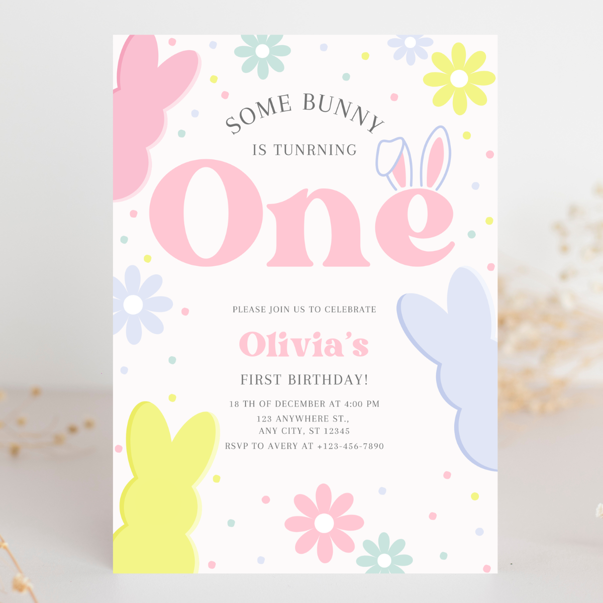 Editable Some Bunny 1st Birthday Party Invite | Cute Spring Theme Template