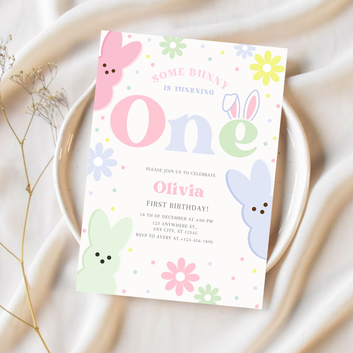 Some Bunny 1st Birthday Party Invite | Editable Cute Spring Theme Template