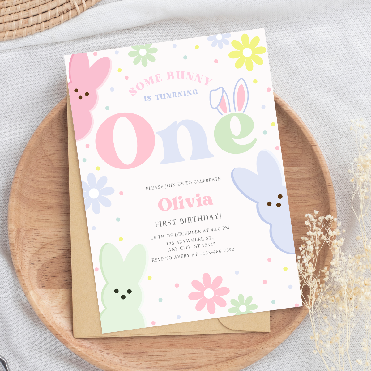 Some Bunny 1st Birthday Party Invite | Editable Cute Spring Theme Template