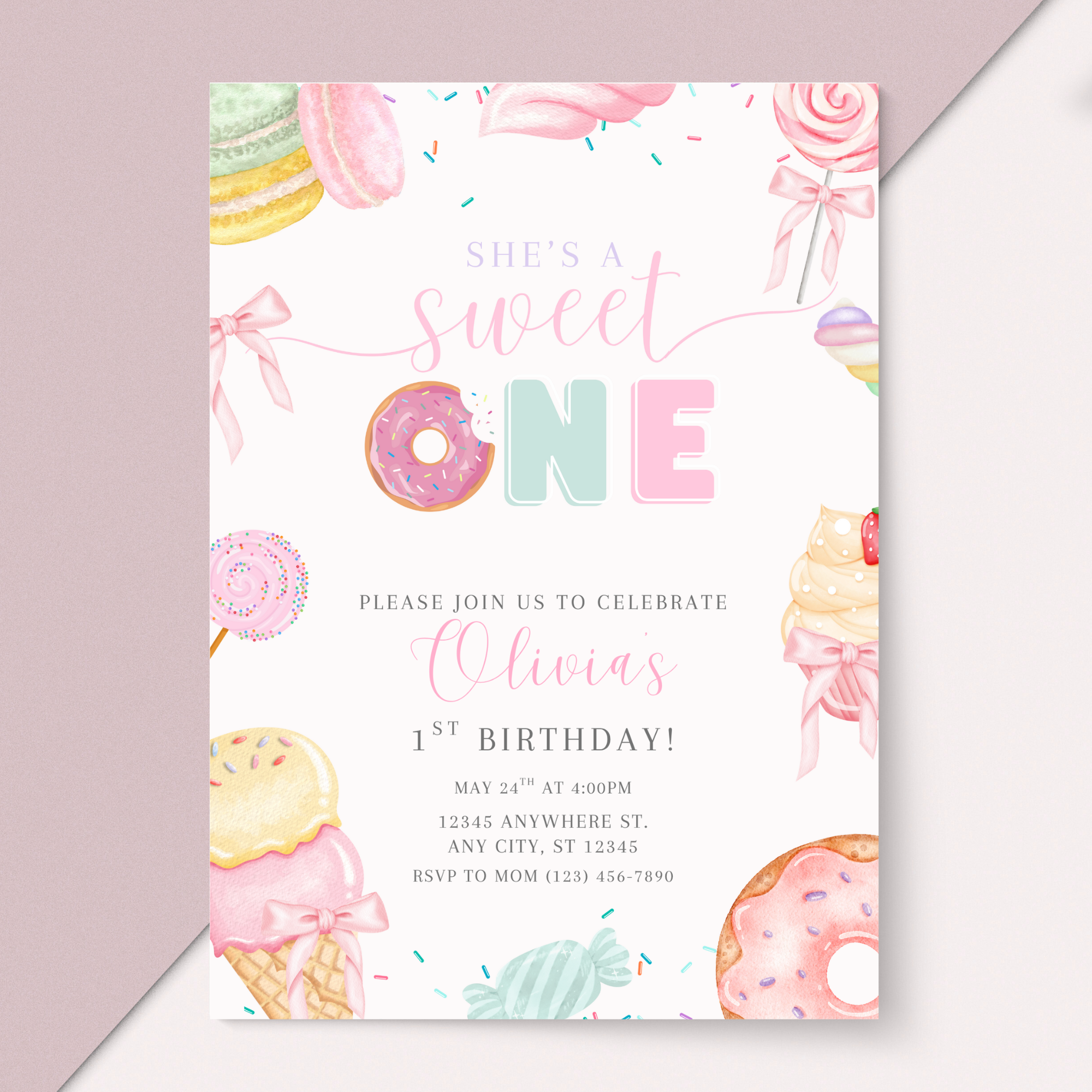 Sweet One First Birthday Invitation Girl, Dessert Theme