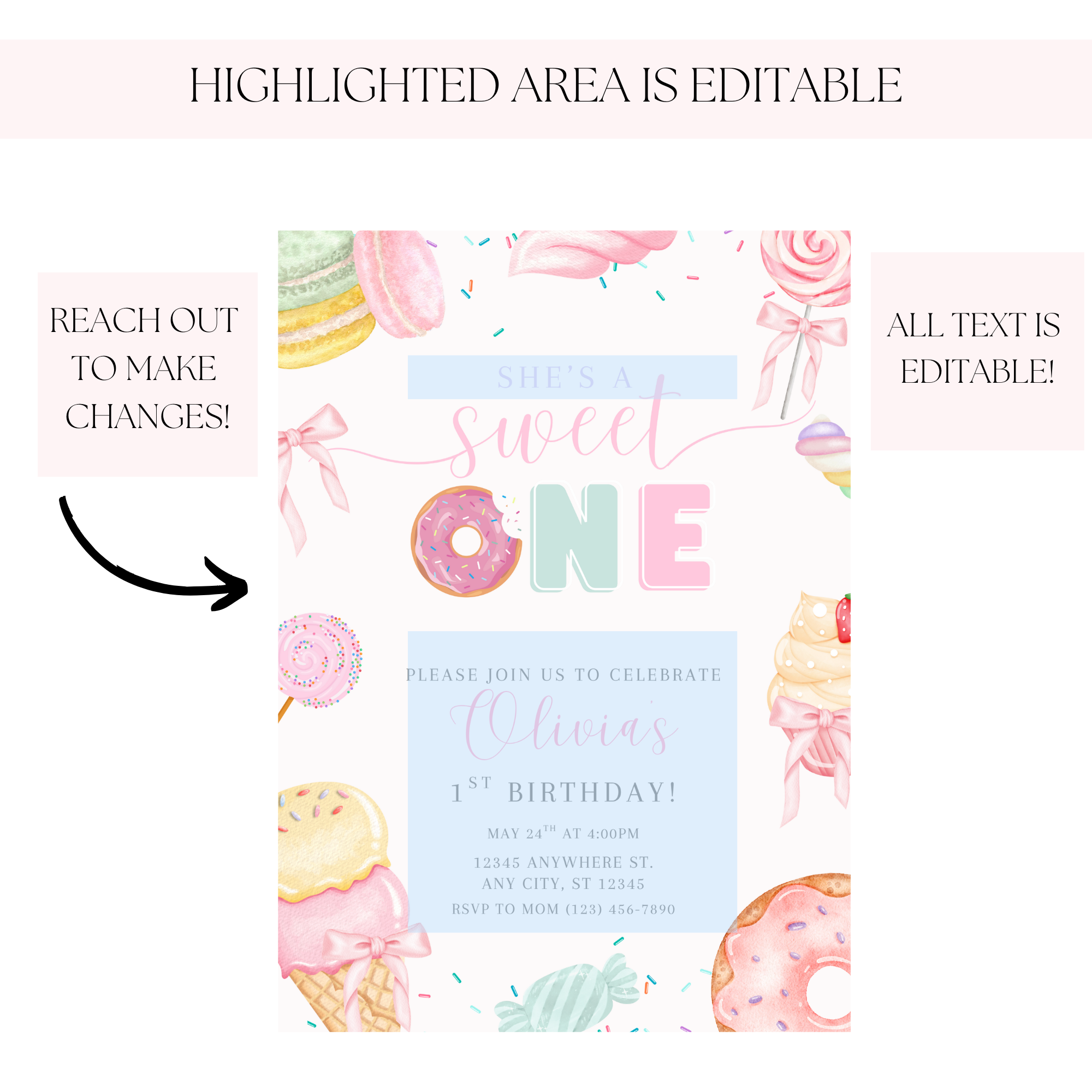 Sweet One First Birthday Invitation Girl, Dessert Theme