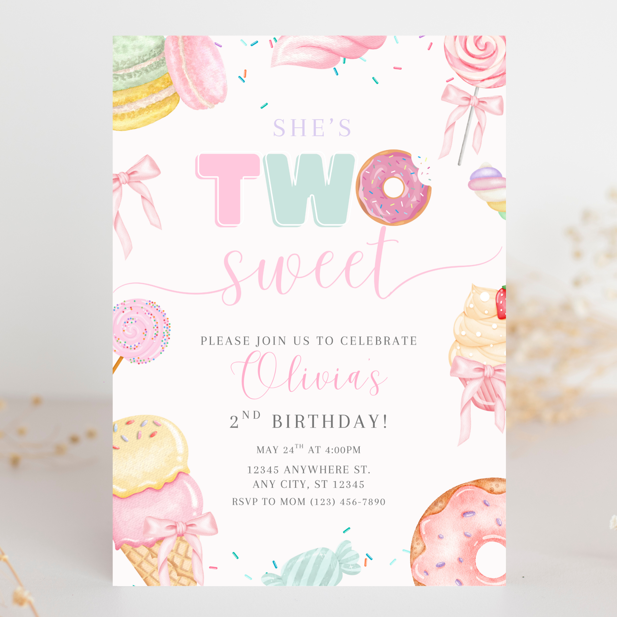 Two Sweet Second Birthday Invitation Girl, Dessert Theme