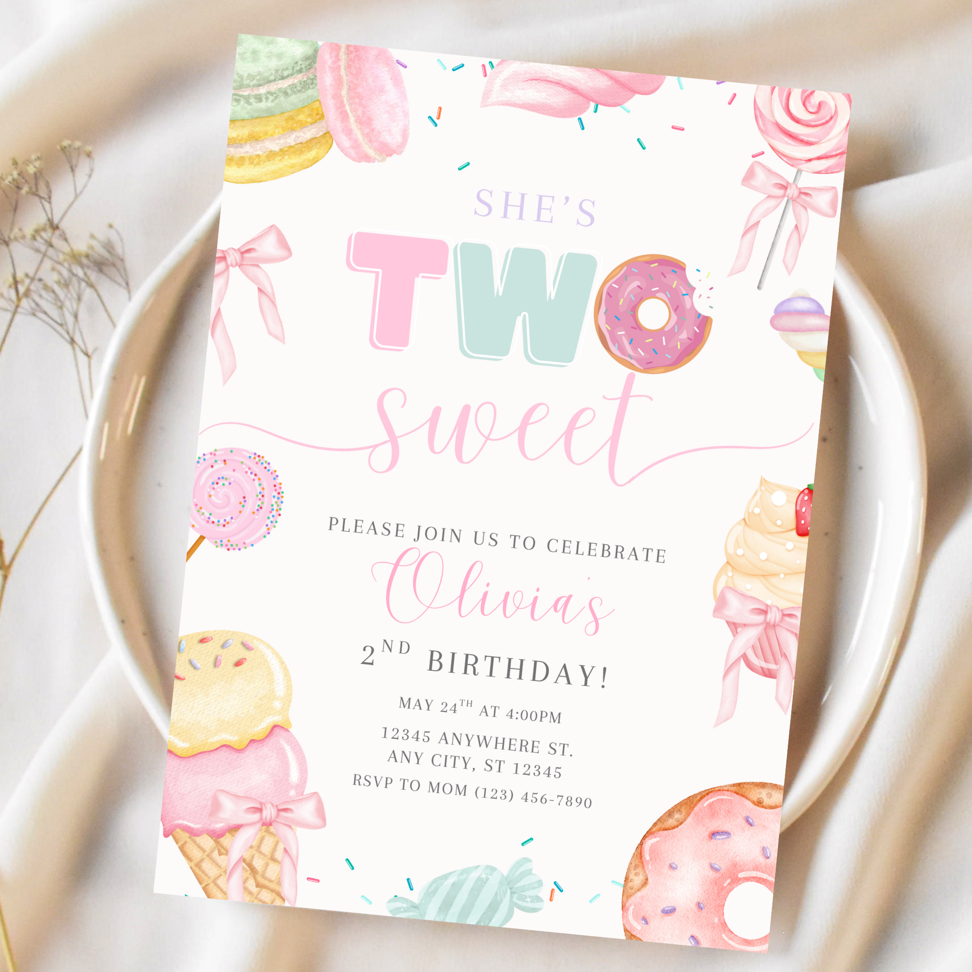Two Sweet Second Birthday Invitation Girl, Dessert Theme