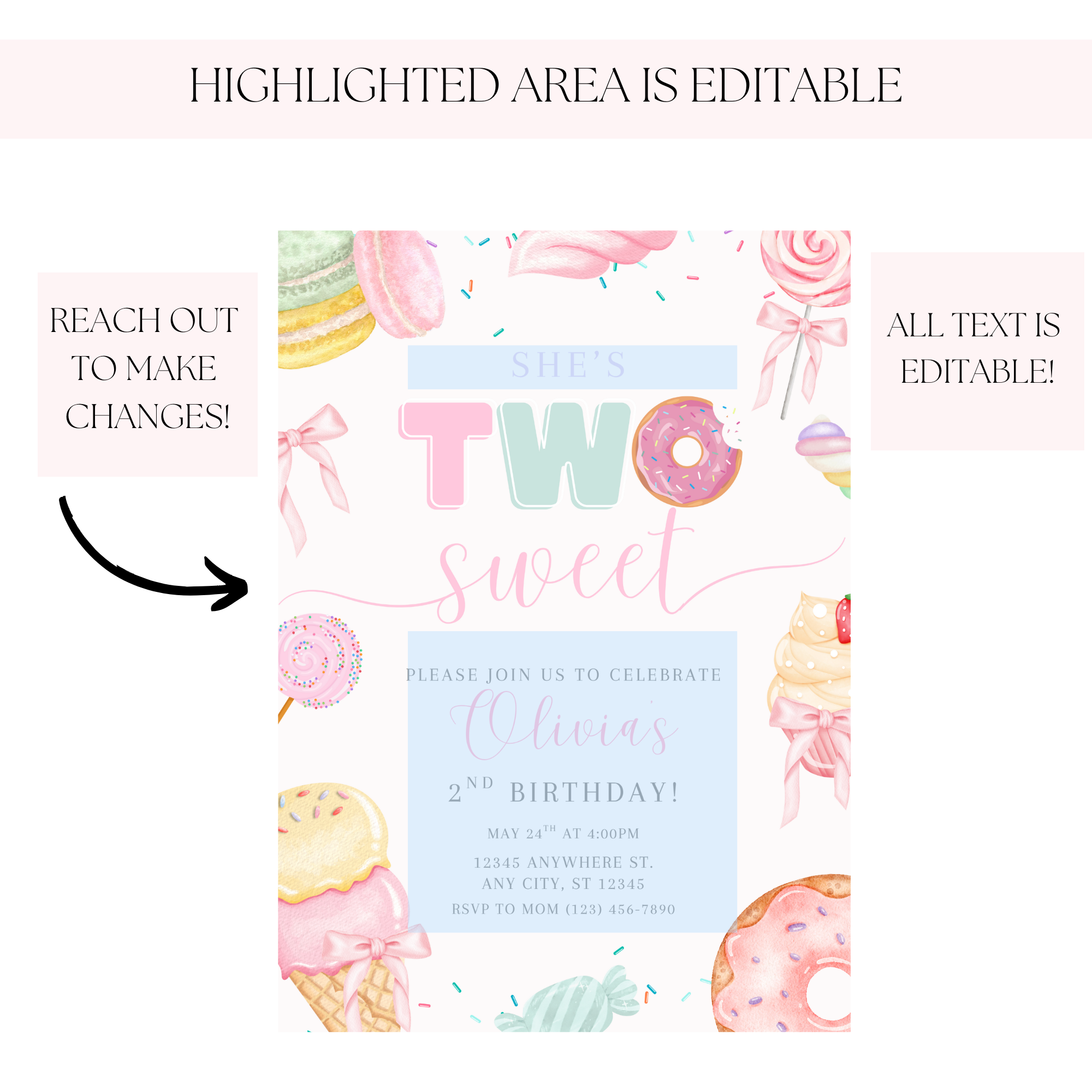 Two Sweet Second Birthday Invitation Girl, Dessert Theme